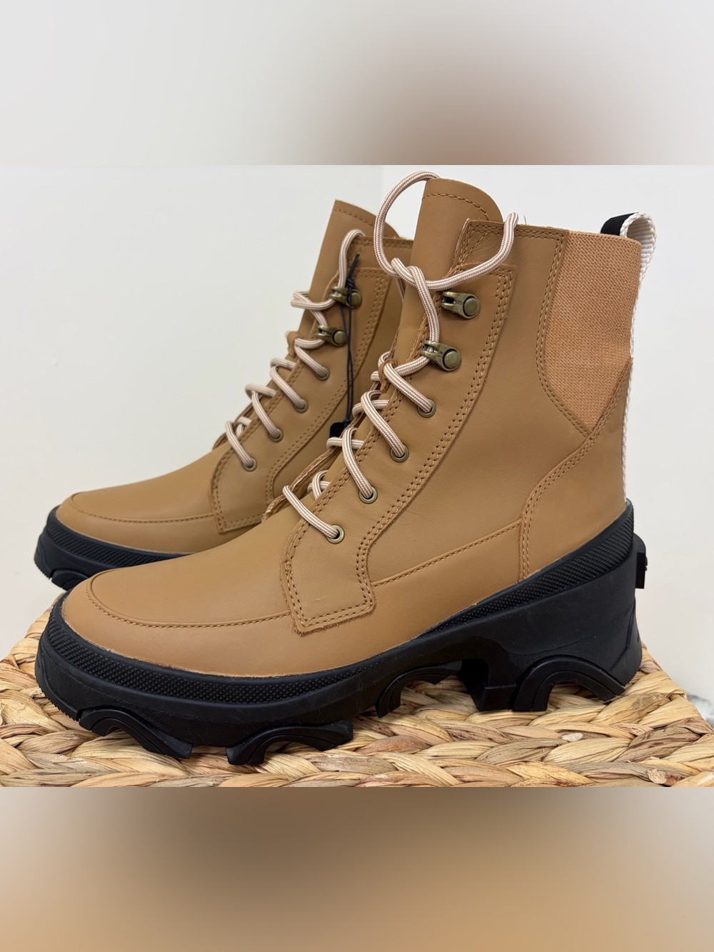 Sorel Tan and Black Lace-Up Platform Combat Boots